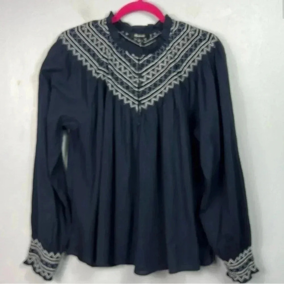 Madewell Navy Blue Embroidered Smock Neck Top Large - Picture 5 of 8
